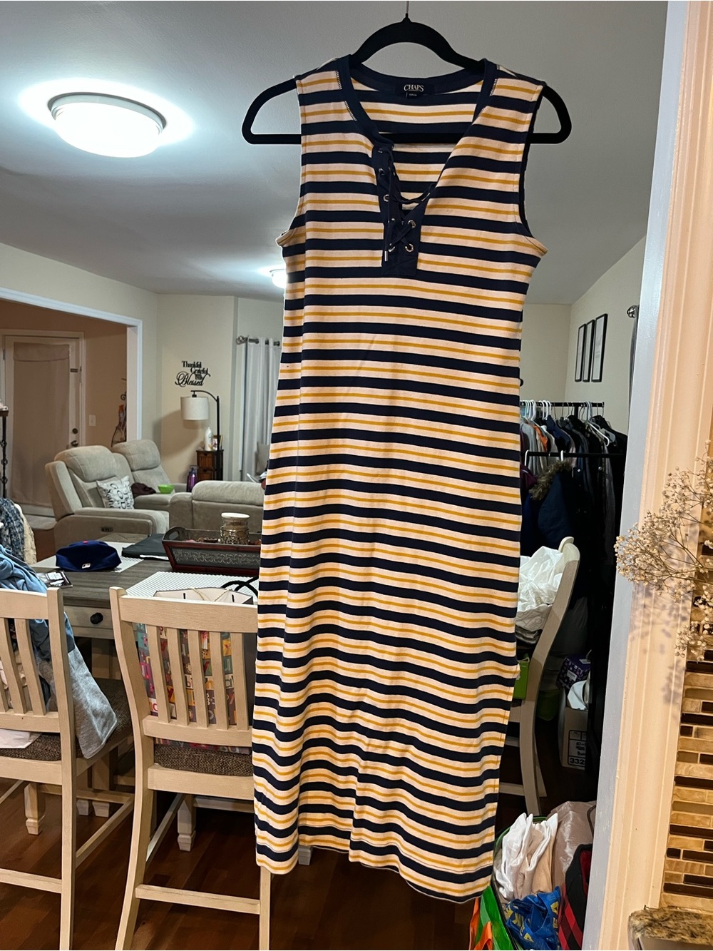 Chaps Navy and Yellow Striped Lace-Up Tank Dress size small